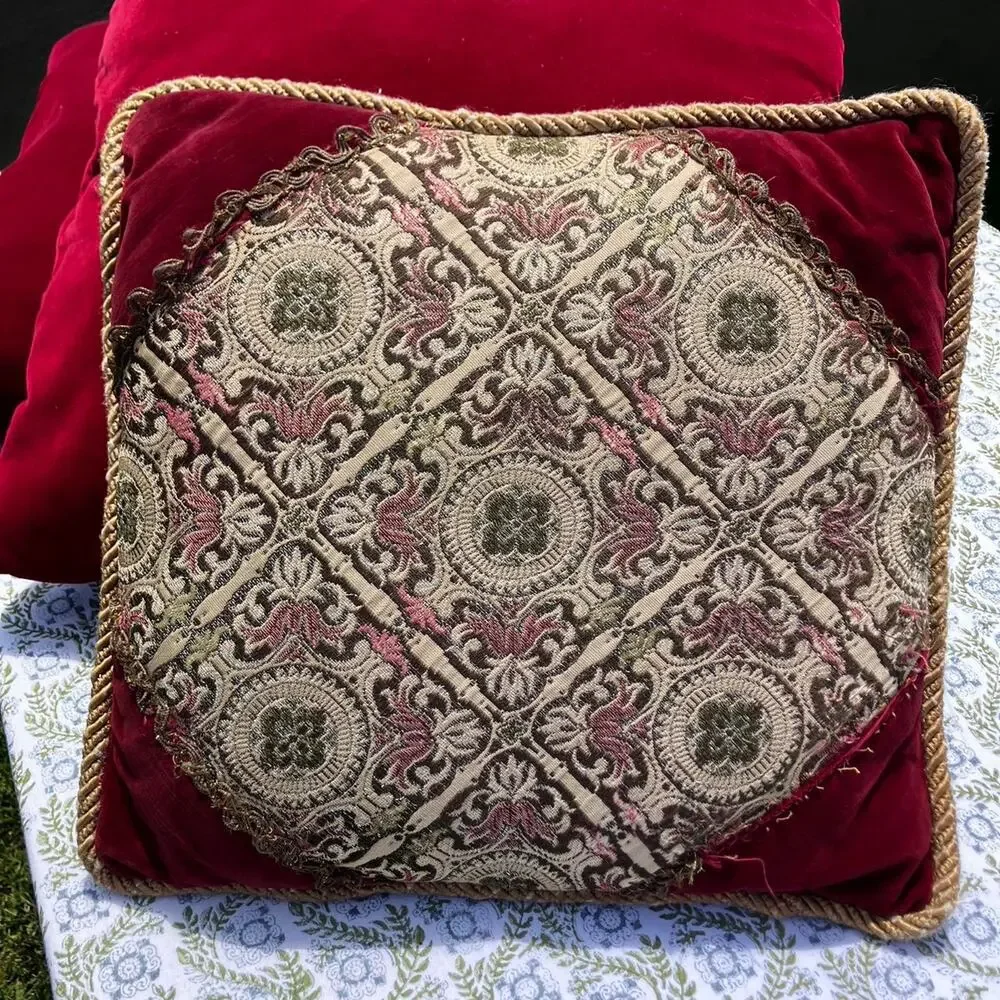 Vintage 1970s embroidered velvet pillow tapestry